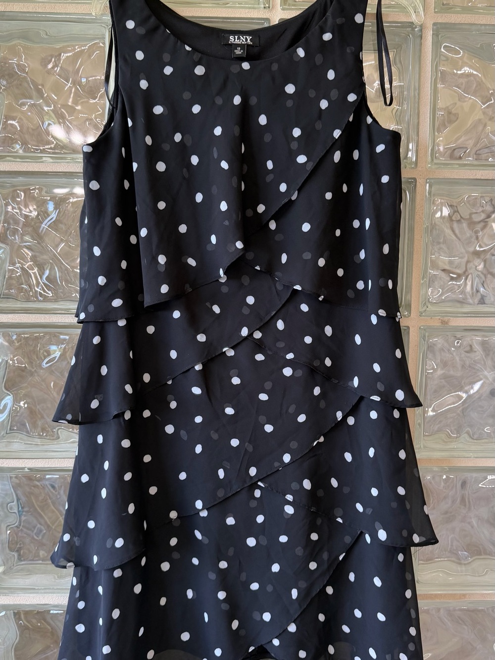 SLNY Black White Polka Dot Tiered Ruffle Chiffon Dress Size 12